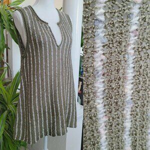 Cottage Core Pullover Knit Vest Tunic Striped BOHO One Size Sm-Lg Olive Green